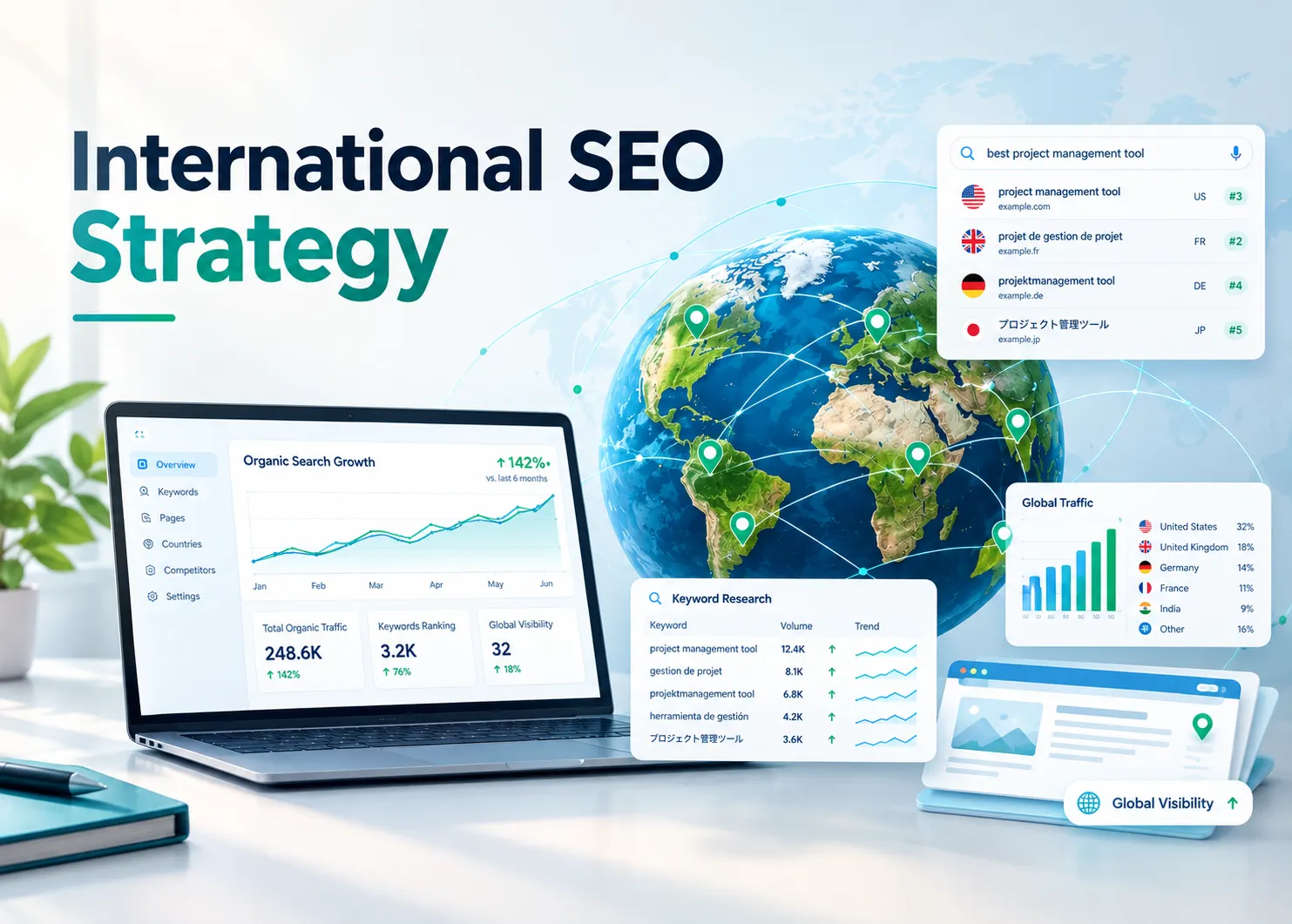 International SEO Strategy banner featuring a realistic digital globe, global search rankings, keyword research, organic traffic analytics, website pages, international location markers, connected data pathways, and SEO growth charts in a polished blue, teal, and green corporate design.